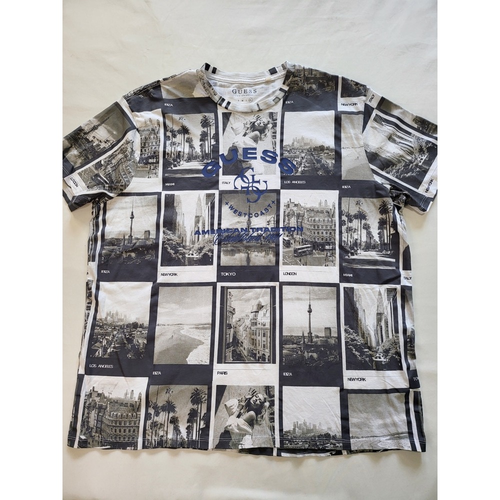 Guess Los Angeles Mens XL T-Shirt All Over Photo Print Blue Puff Logo Tee